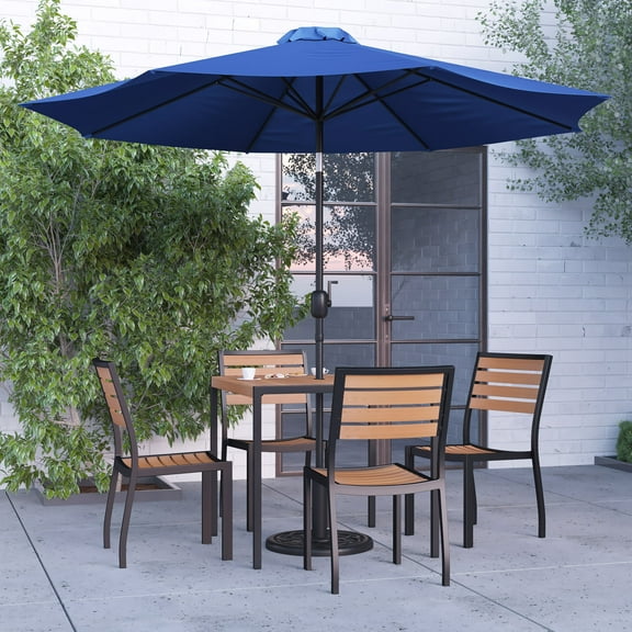 Merrick Lane Seven Piece Faux Teak Patio Dining Set - 35" Square Table, 4 Armless Stacking Club Chairs and 9' Navy Patio Umbrella & Base