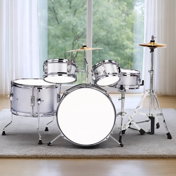 5-Pieces Drum Set Kit Pedal Drum Stick Wrench Drum Stool, 14"x10" Silver