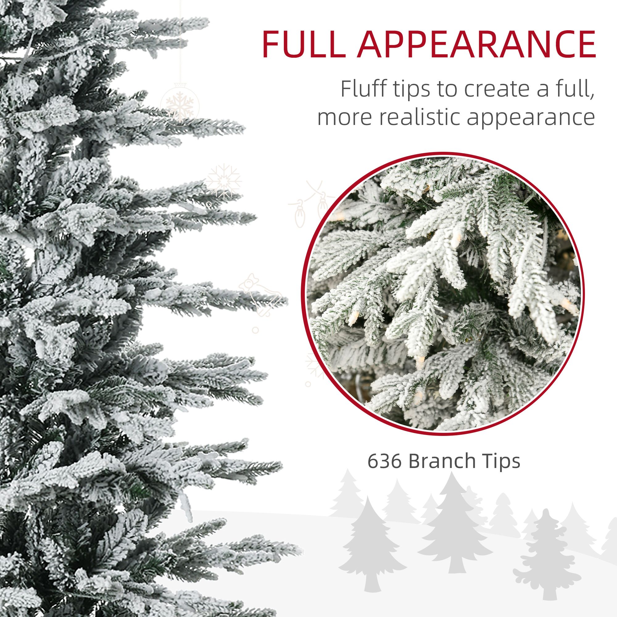 Pre-Lit Flocked Christmas Tree, 6 ft Artificial Tree with 250 Warm Yellow Lights, 636 Tips, Snow Branches, Auto Open, Indoor Holiday Decoration