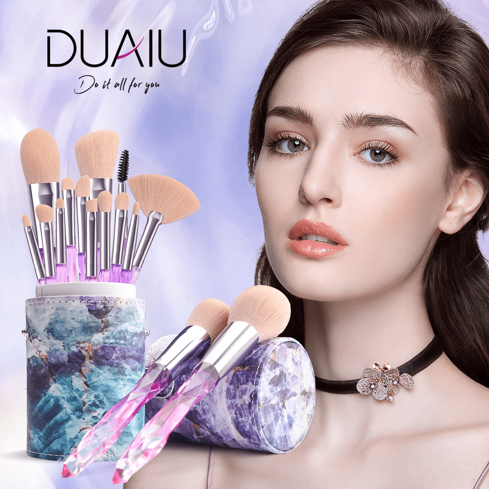 DUAIU Makeup Brushes 15pcs Premium Synthetic Bristles Crystal Handle Set Kabuki Foundation Brush Face Lip Eye Makeup Brush Sets Professional with Starry Gift Box（Pink)