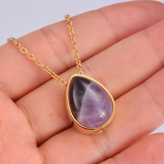 2 pc Natural Amethyst Teardrop Urn Ashes Pendant Necklace Stainless Steel Memorial Jewelry for Women Golden 19.69 inch(50cm)