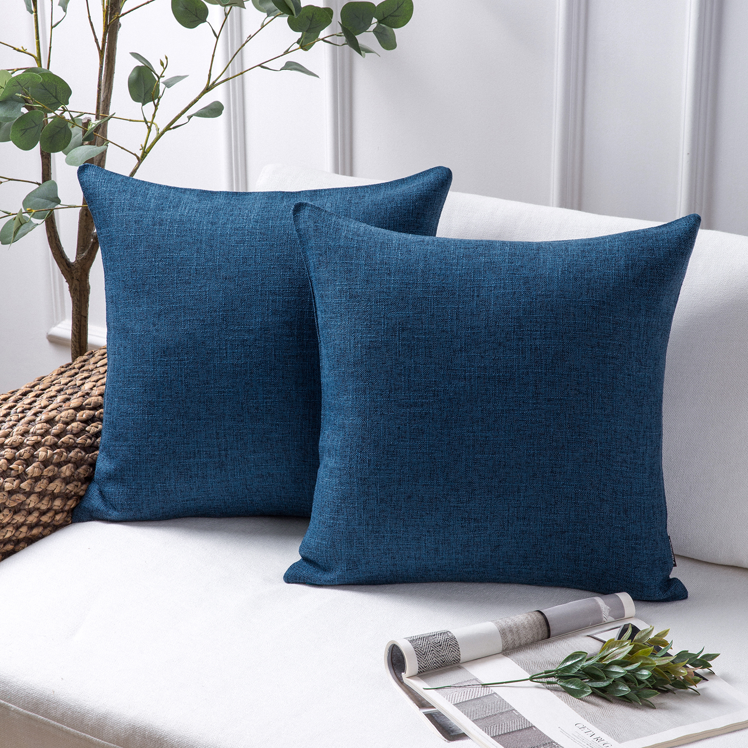 Phantoscope Linen-Look Decorative Throw Pillows with Inserts, 18 x 18 in, Navy Blue, 2 Pack