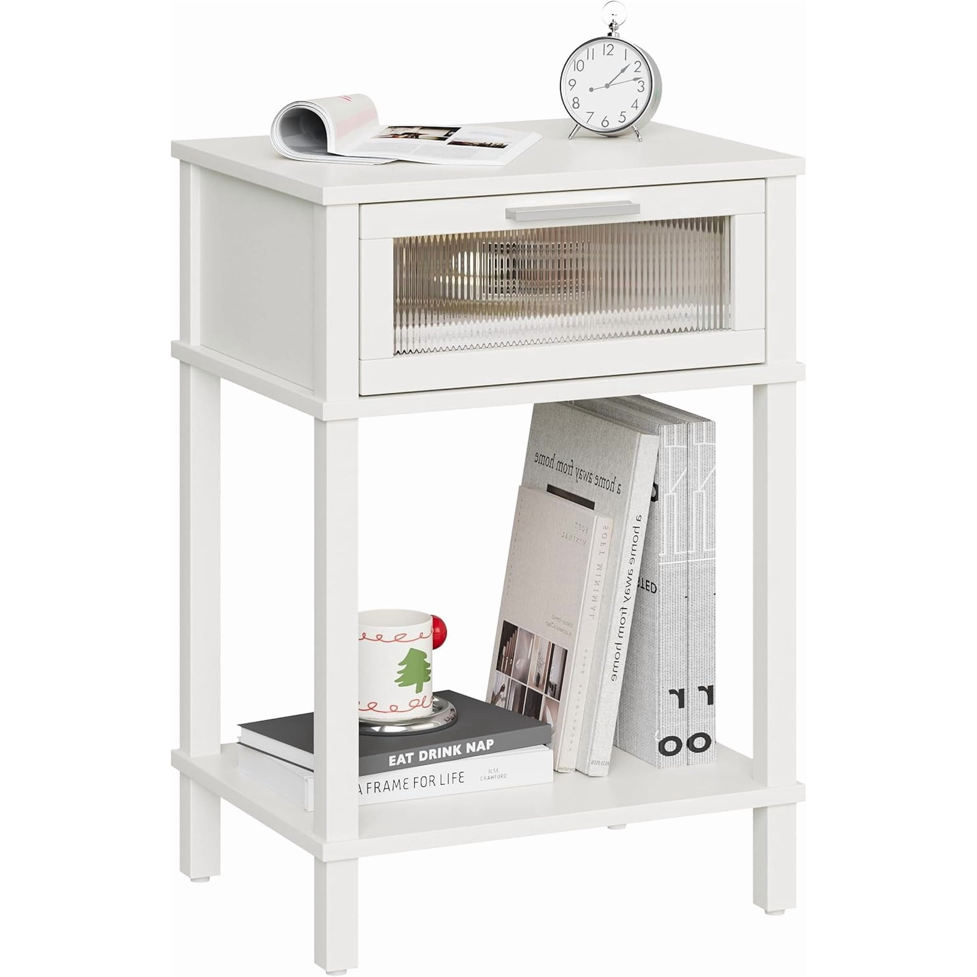 Nightstand Wooden Bedside Table with Drawer White Night Stands Modern Style Small End Side Storage Shelf for Bedroom Living Room MLBZ10W