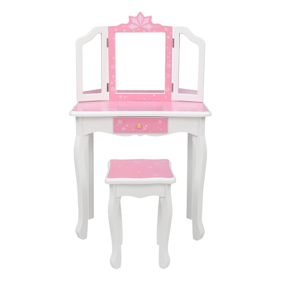 Canddidliike Vanity Table and Chair Set, Children's Wooden Dressing Table Three-Sided Folding Mirror Dressing Table, White