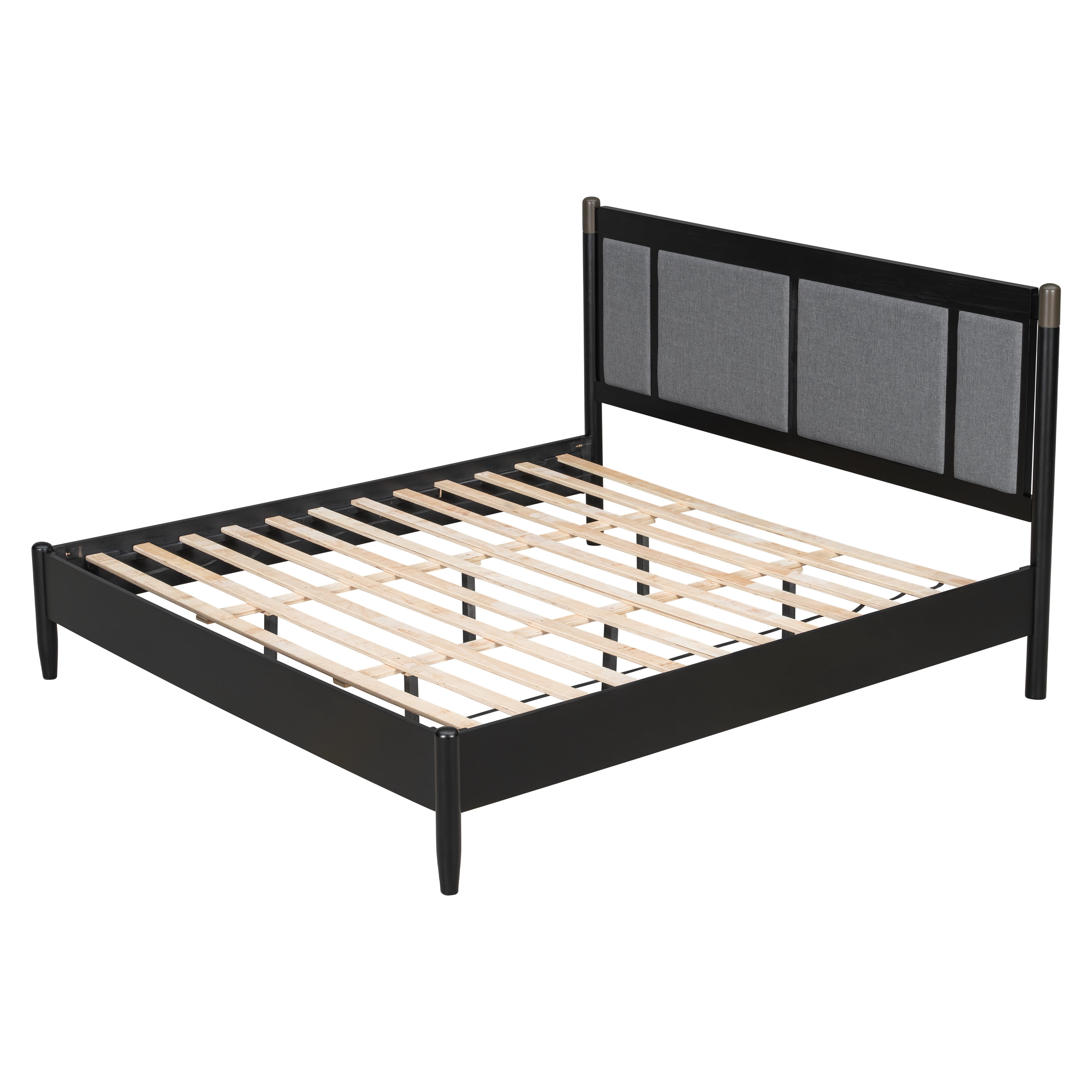 King Bed Frame 81 Inch, Solid Wood Platform Bed with Upholstered Headboard and Metal Handles, Heavy Duty Bed Frame with 600 lbs Support, Black