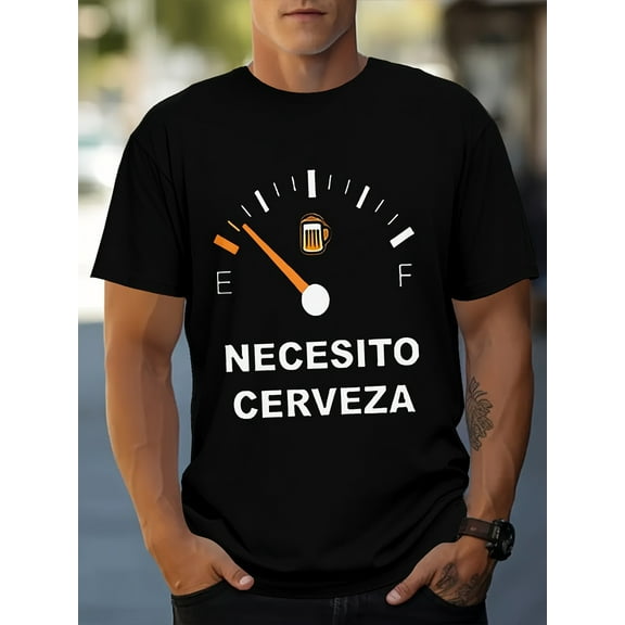 Men'S "I Need Beer" Graphic Tee - Casual & Comfortable Polyester Crew-Neck T-Shirt, Machine Washable, Short Sleeve, Black with White & Orange Dial Print for Summer Outings