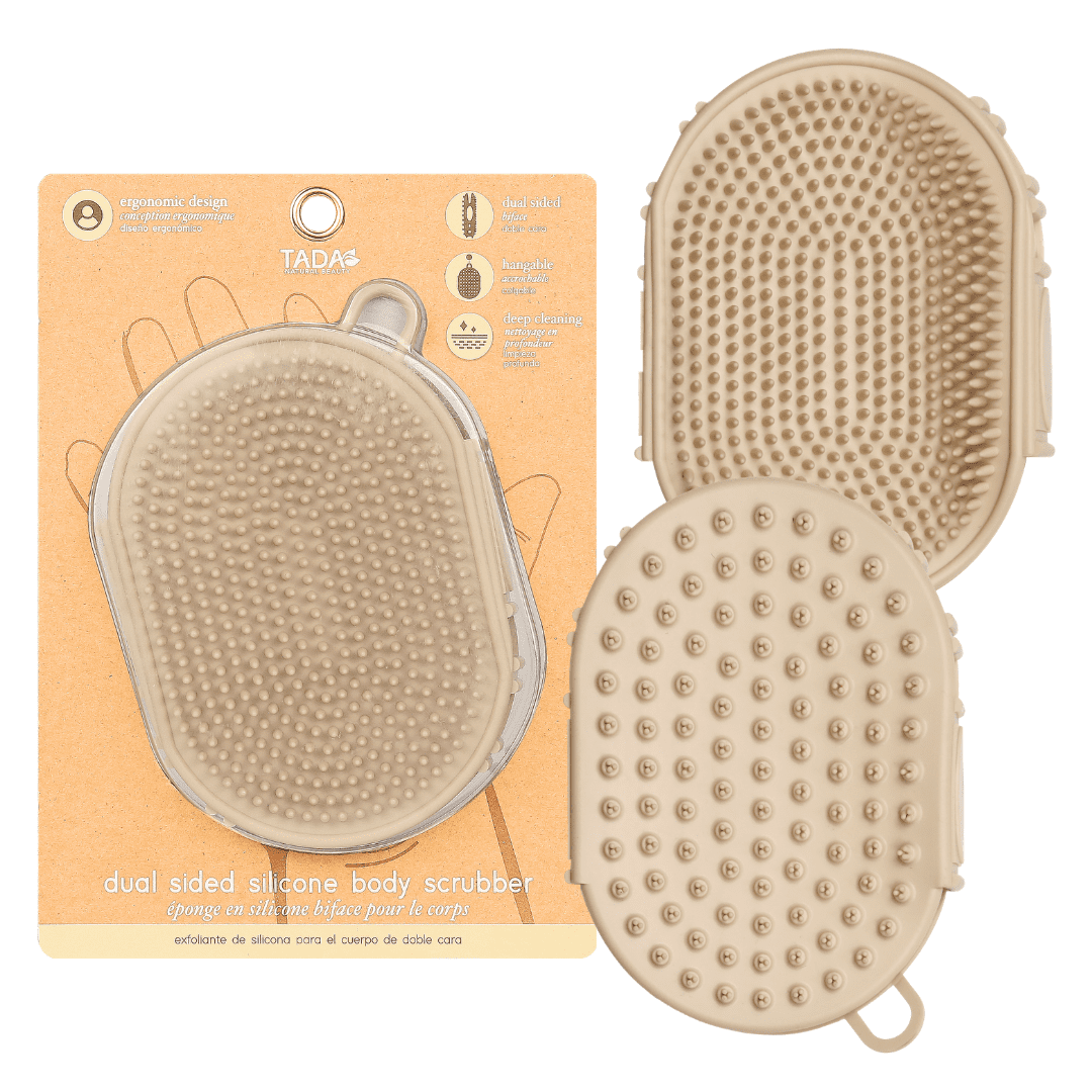 TADA Natural Beauty Dual Sided Silicone Body Scrubber, Exfoliating Shower Scrubber and Loofah Alternative for Body Wash, Hangable, Beige