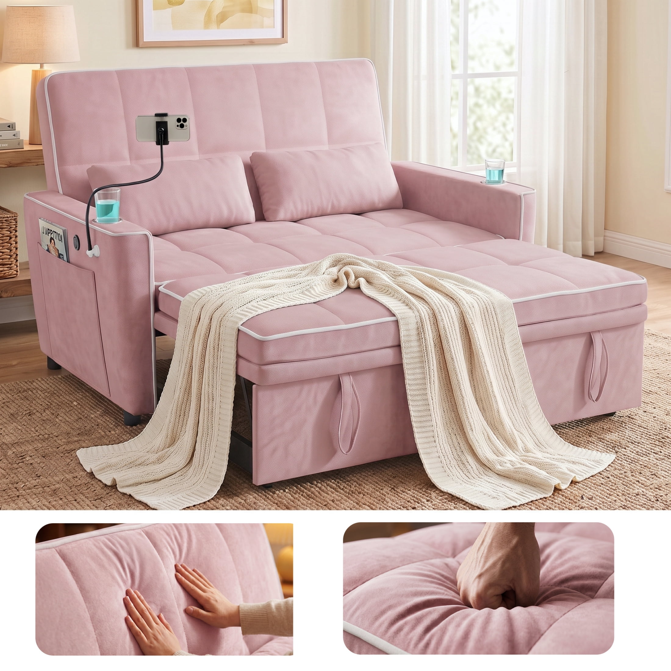 Vinform Sleeper Sofa Bed, 3 in 1 Convertible Loveseat with Phone & Cup Colder for Small Space, Pink