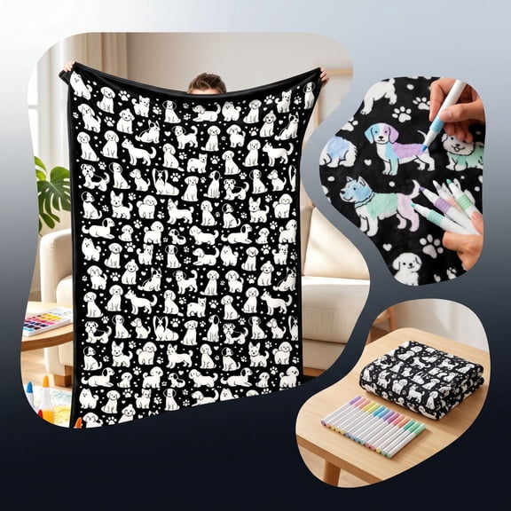 DIY Dog Doodle Coloring Blanket for Adults, Soft Polyester Flannel Throw with 5ml Markers and Paintbrushes, Interactive Stress Relief Art Kit, Customizable Decorative Blanket for Home Sofa Bed Gift