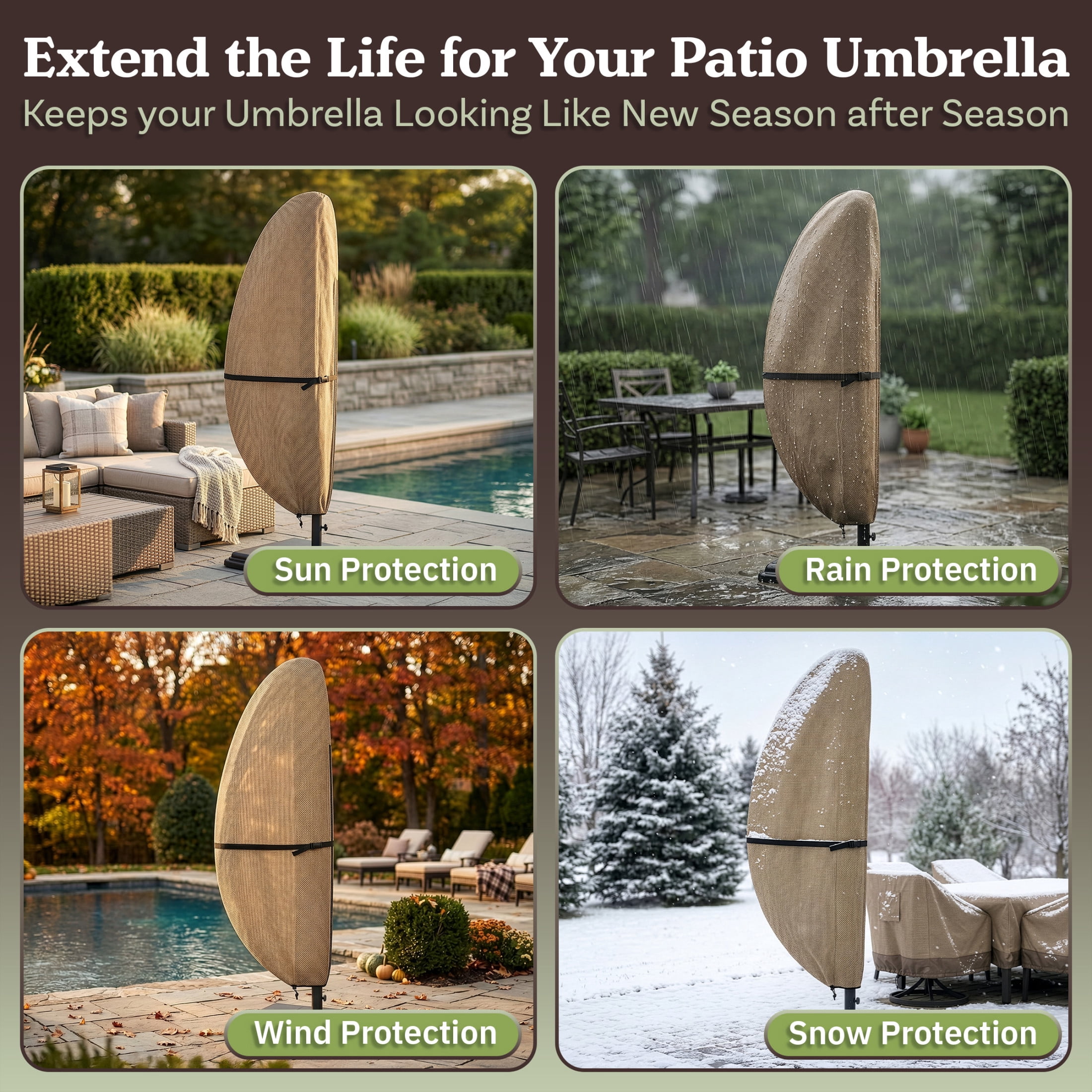 Pure Garden Waterproof 14ft Round or 12ft Square Offset Cantilever Umbrella Cover, Tan
