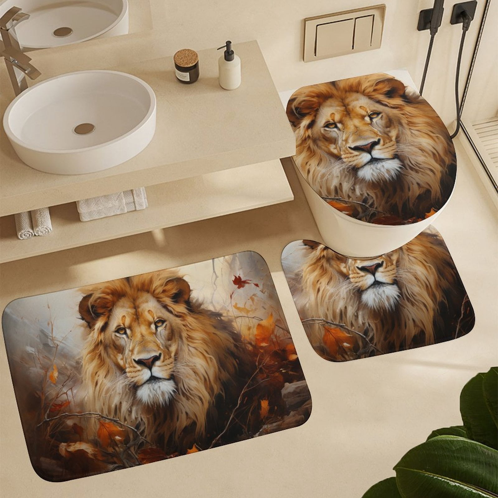 Artistic Lion Face 4 Piece Bathroom Rug Set with Shower Curtain with Rugs Toilet Lid Cover And Bath Mat Wild King Animal Waterproof Shower Curtain for Bathroom Decor