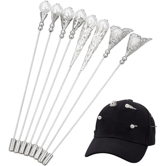 8Pcs Vintage Hat Pin Lapel Stick Pin Brass Elegant Decorative Long Needle Pins for Hat Tie Scarf Badge Suits Cardigan Brooches Jewelry Accessories Wedding Birthday Party White