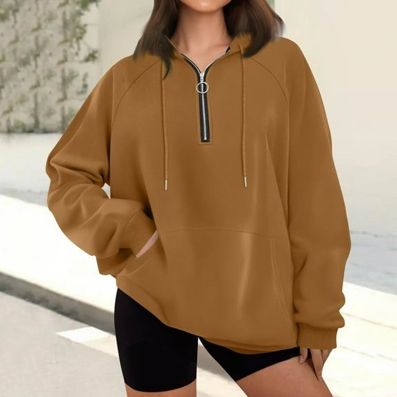 GrmtClth Hoodies for Women Oversized Quarter Zip Sweatshirt Relaxed Fit Long Sleeve Pullover Tops Fall Winter Fashion Drawstring Hooded Outfits with Kangaroo Pockets Brown XXL