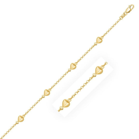 14k Yellow Gold Rolo Chain Bracelet with Puffed Heart Stations 7 in