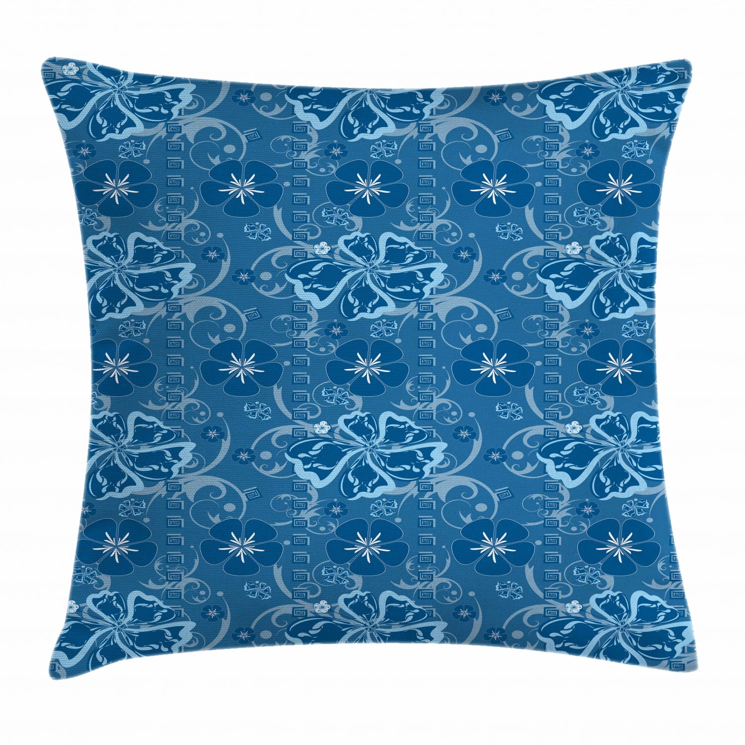 Luau Throw Pillow Cushion Cover, Polynesian Nature Inspired Blue Art Pattern with Floral Motifs