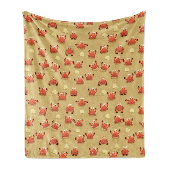Crabs Soft Flannel Fleece Throw Blanket, Playful Childish Sea Animals on a Sandy Beach with Shells Kids Design Fauna, Cozy Plush for Indoor and Outdoor Use, 50" x 60", Pale Brown Orange, by Ambesonne