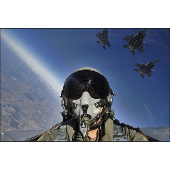 24"x36" Gallery Poster, F-15E Strike Eagle f-15 pilot and three-ship formation