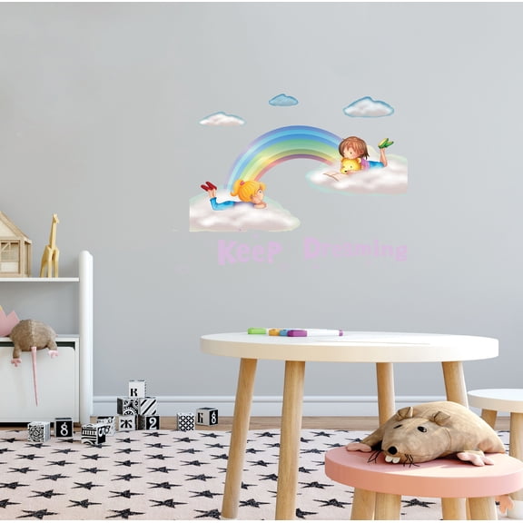KIDS ROOM - Keep Dreaming - Vinyl Home Nursery Art Inspirational Quotes Lettering Art Decoration Rainbow Clouds & Children Design Kids Bedroom Wall Decal Sticker 10" x 7"