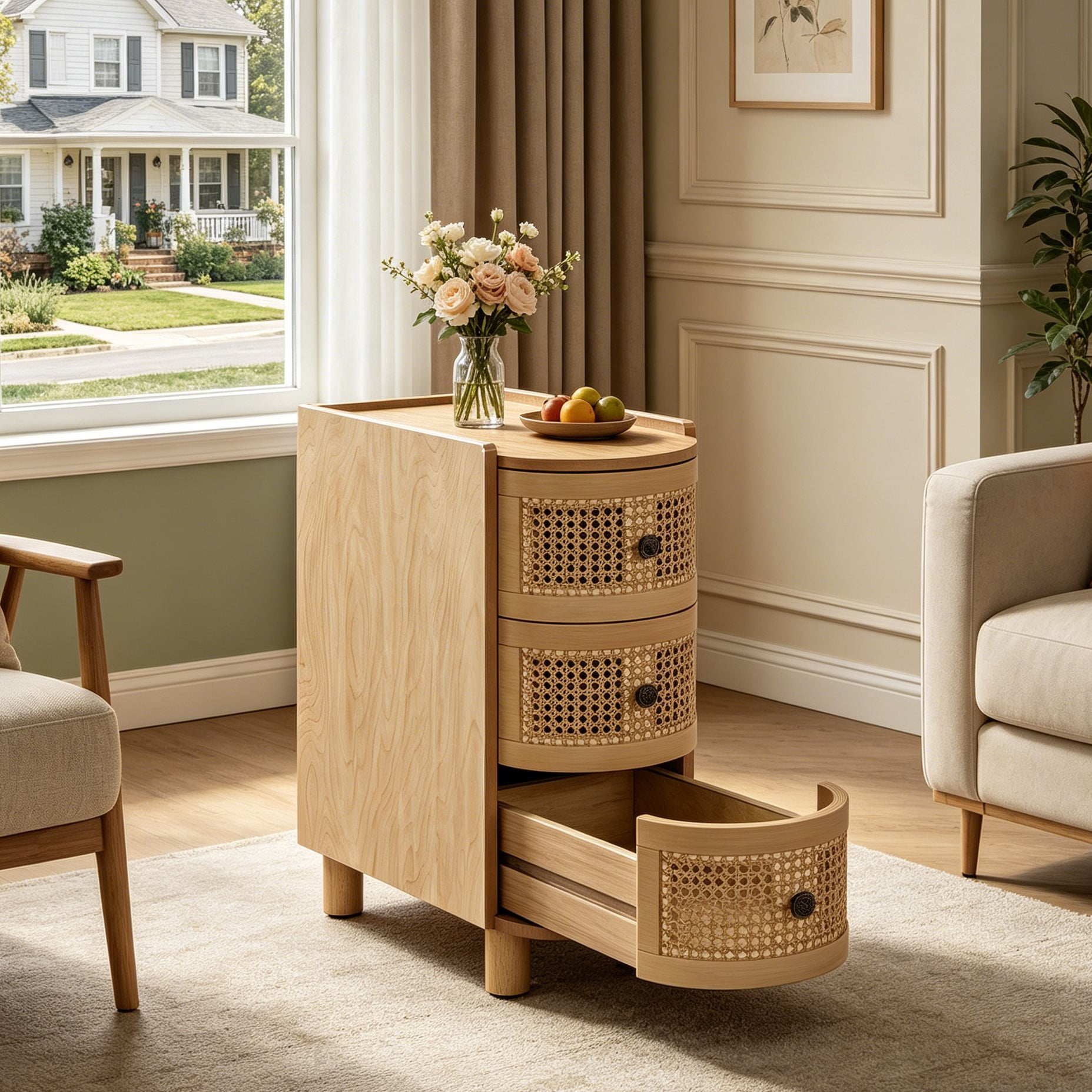 Fnova 26" Solid Wood End Table, Farmhouse Side Table with 3 Rattan Drawers, Slim Sofa Table Nightstand with Vintage Embossed Handles for Living Room, Bedroom, Finished Back, No Assembly