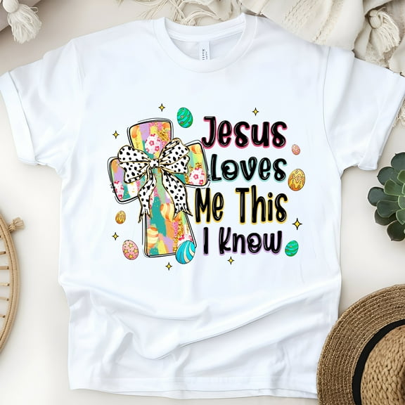 Jesus Loves Me T-Shirt | Colorful Cross Graphic Christian Tee, White, Size S