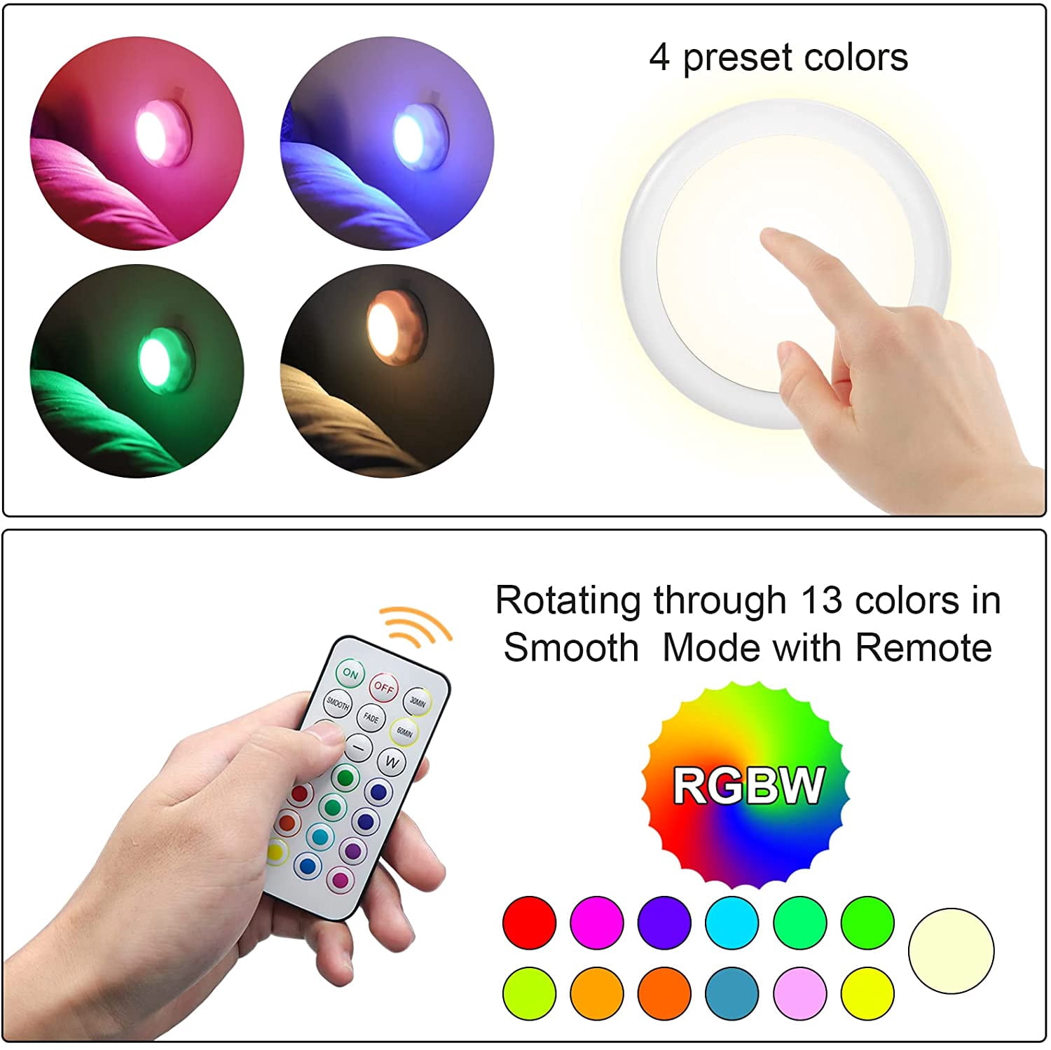 JJEAN-LED Puck Lights with Remote Control, 50lm RGBW Color Changing Closet Battery Light, 13 Colors Stick-on Under Cabinet Lighting, with Dimmable Function, 6 Pack