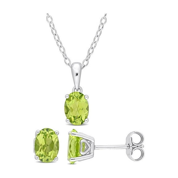2.46 Carat (Ctw) Oval-Cut Peridot Solitaire Earrings and Pendant Set in Sterling Silver for Women