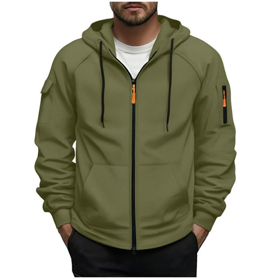 Hoodies For Men Full Zip Up Cargo Sweatshirts Drawstring Hooded Zipper Sweater Long Sleeve Casual Tops Outwear (L, Army Green)