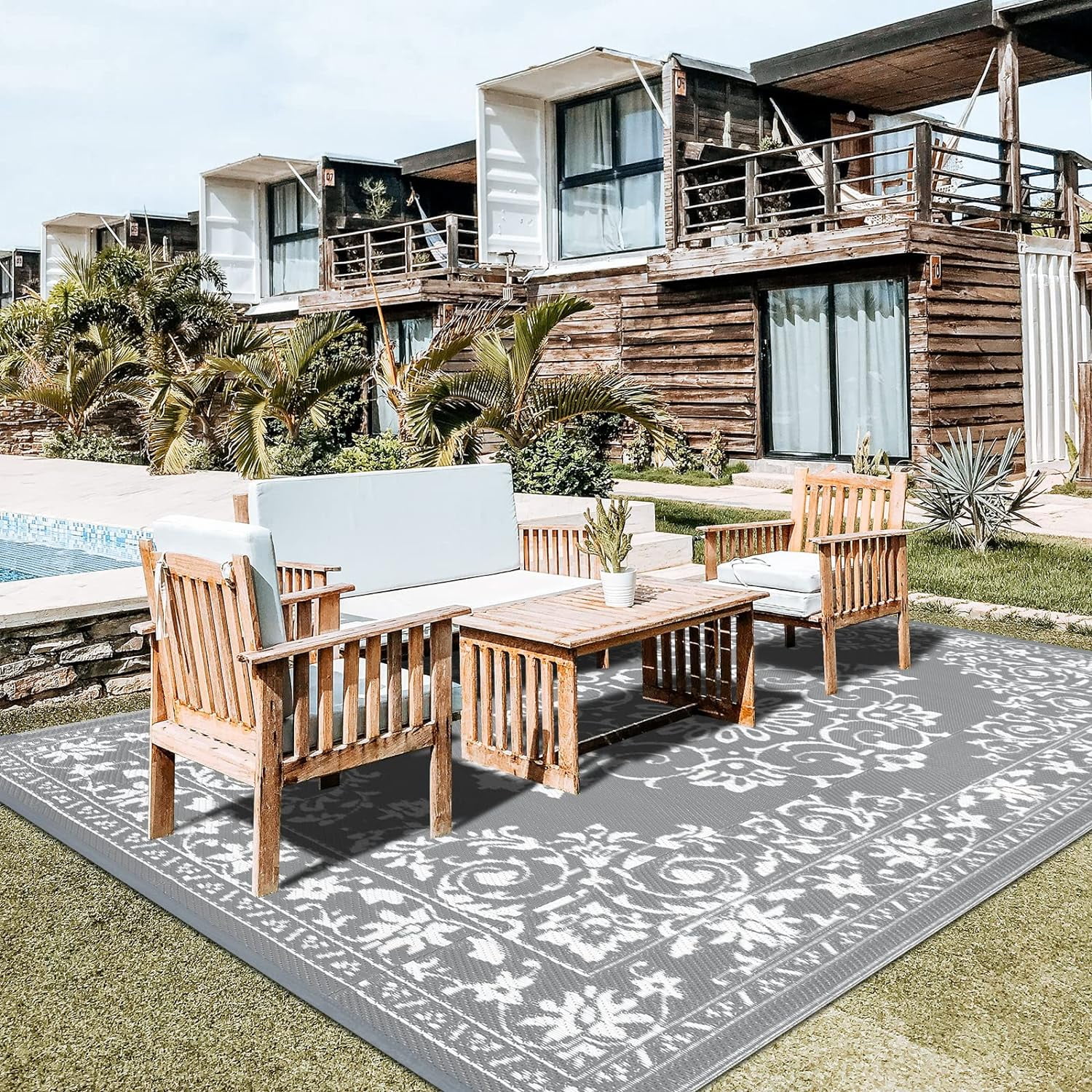 Findosom 8'x10' Boho Mandala Outdoor Rug Patio Rug Large Reversible Plastic Straw Rug RV Outdoor Mat Waterproof Foldable Portable Camping Mat for RV,Patio,Backyard,Deck,Picnic,Beach Gray