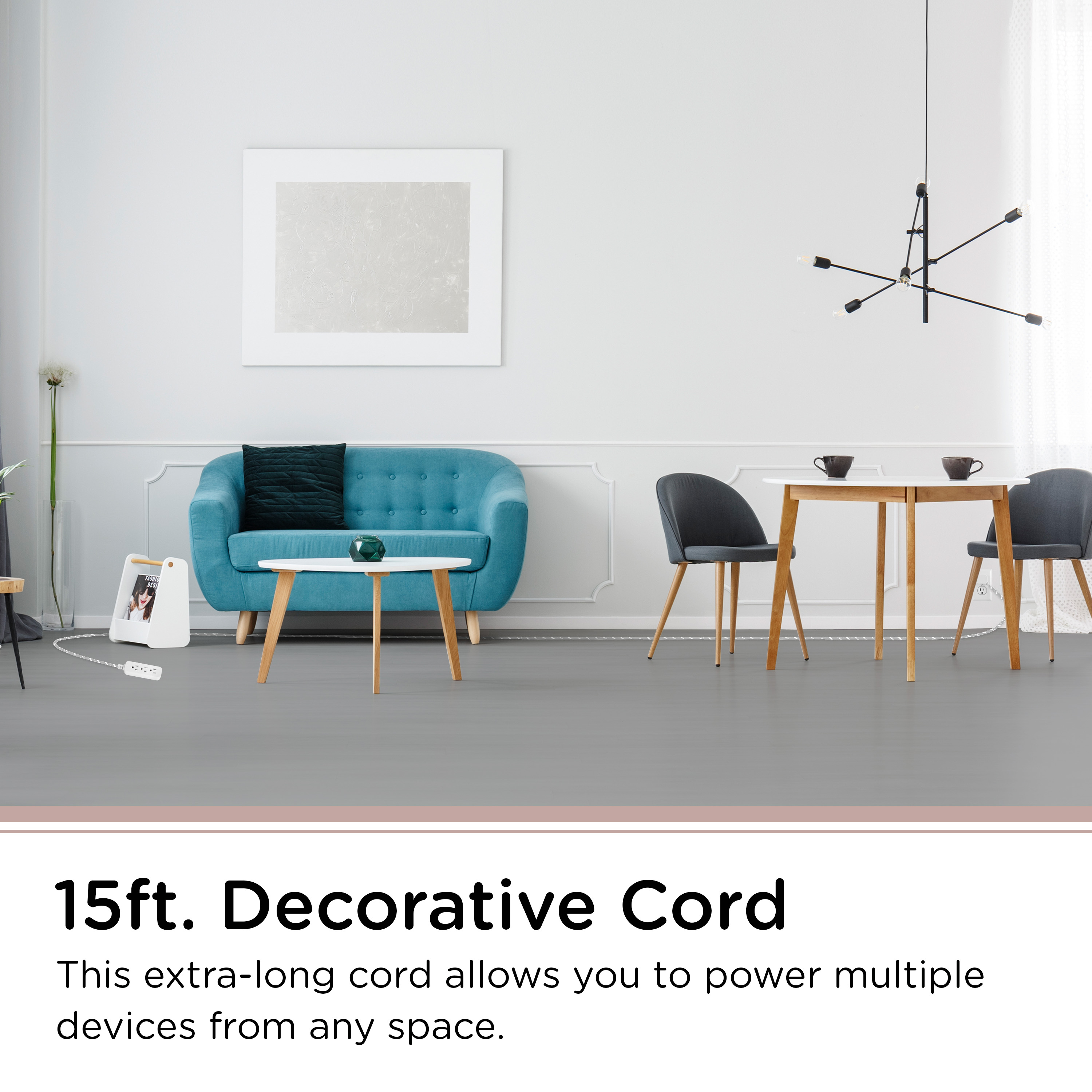 Cordinate 15ft 3-Outlet Extension Cord, Flat Plug, Gray Chevron photo 4