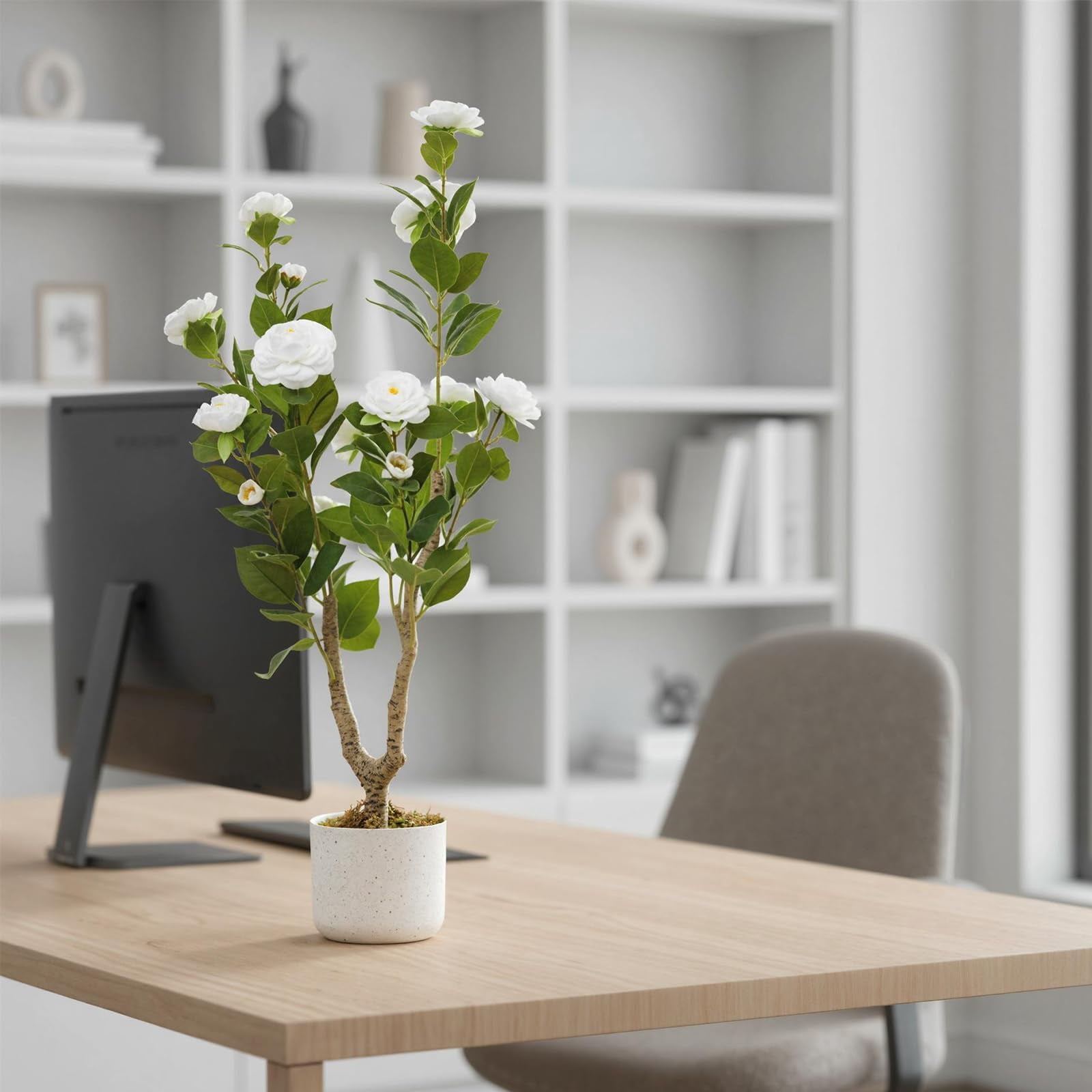 3FT Artificial Camellia Tree, Realistic Faux Plant in Pot with Flowers, Artificial Plants for Spring Home Decor Outdoor Porch Front Door Decor 2 Pack