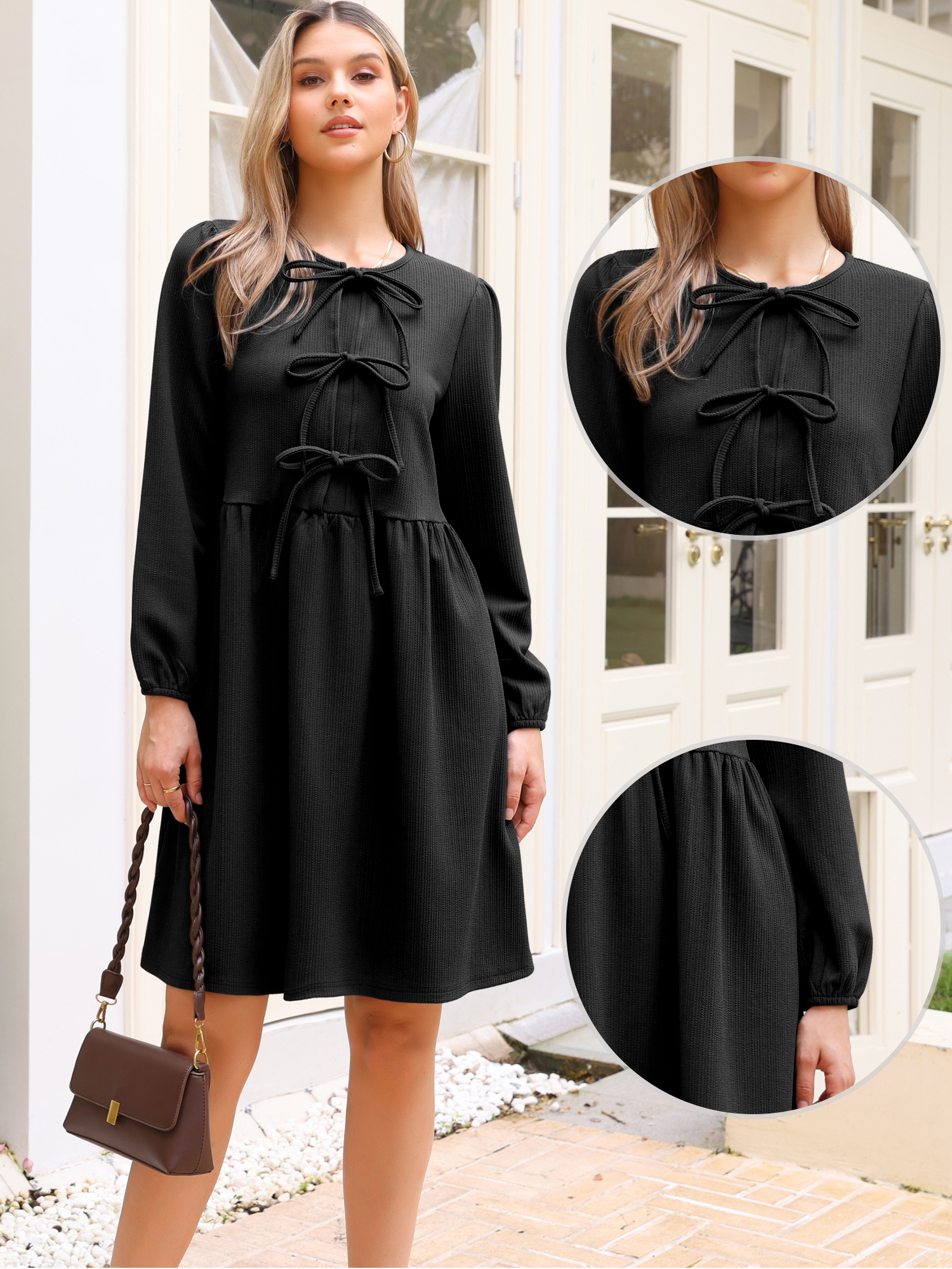 DARING DIVA Women's Fall Long Sleeve Bow Tie Front Cute Tunic Dress XL Black