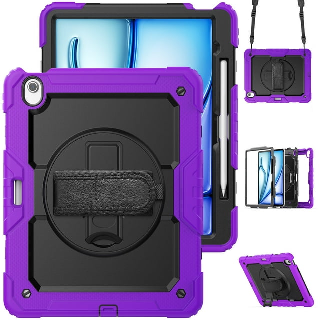 Case for iPad Air 13 Inch M3 2025 / M2 2024 12.9 inch (3rd/4th Gen) with Screen Protector, 360 Degree Rotating Kickstand Hand Strap Shockproof Cover with Shoulder Strap, Purple