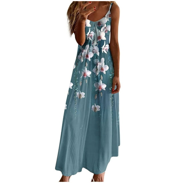 Staron Robe pour Femme Mode Ample Longue Fluide à Bretelles Spaghetti Bohème Décontractée Robe d'Été Florale Printemps Col en V Plage Robe Maxi