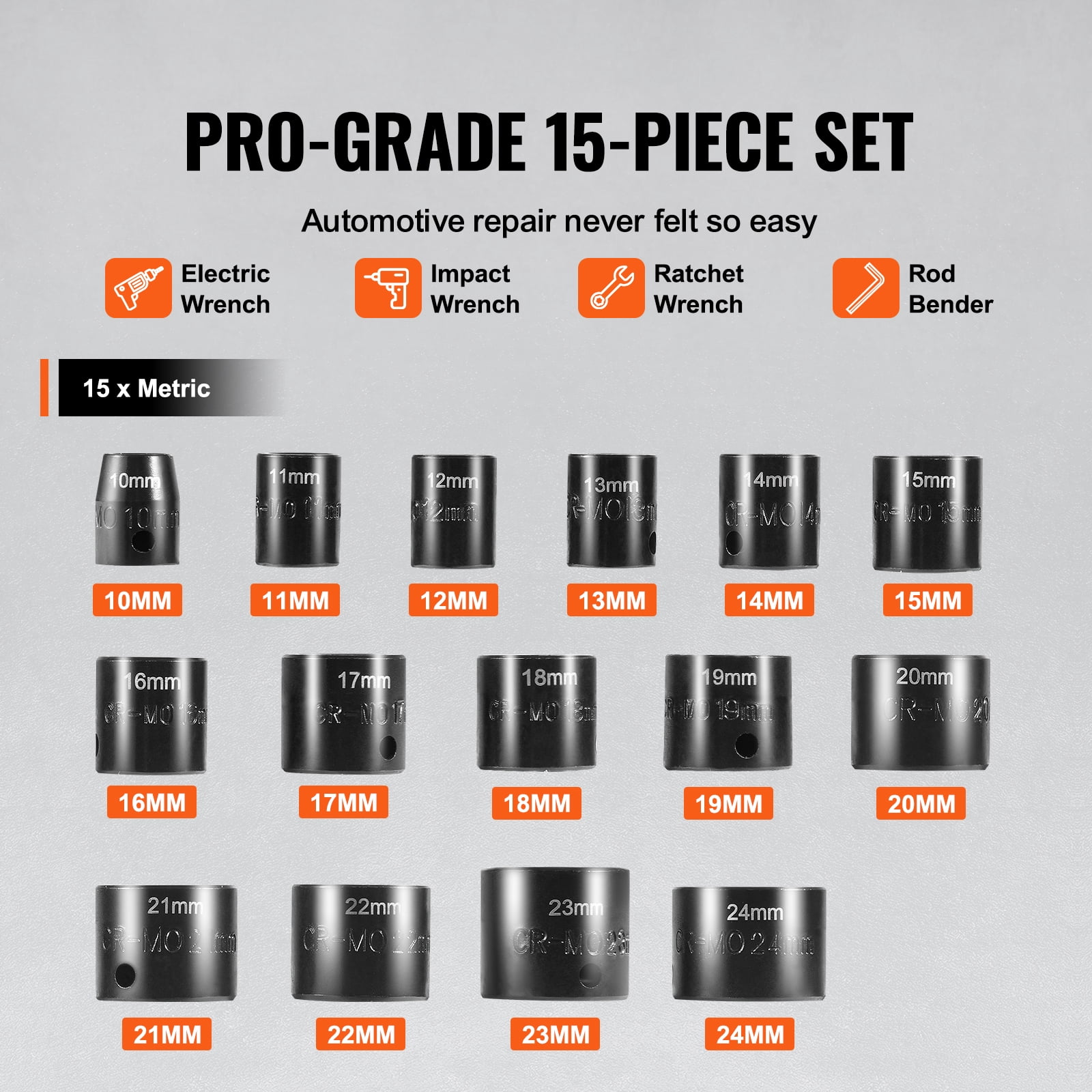 VEVOR Drive Impact Socket Set 3/8" - 15 Piece Ultra-Short Socket Set Metric 10-24mm - 6 Point Cr-Mo Alloy Steel for Auto Repair - Easy-to-Read Size Markings - Rugged Construction Socket Organizer
