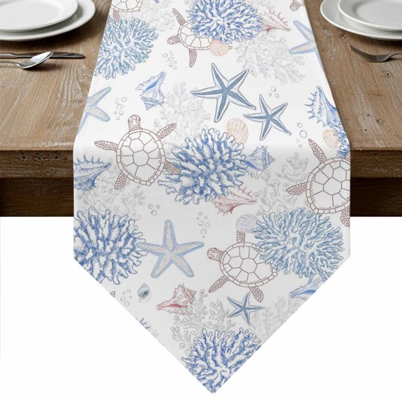 Blue Coastal Table Runner Linen Burlap Table Runner 120 Inches Long Summer Beach Ocean Coral Sea Turtle Starfish Dresser Scarves for Kitchen Island Coffee Dining Room Party Holiday Decor 13"x120"