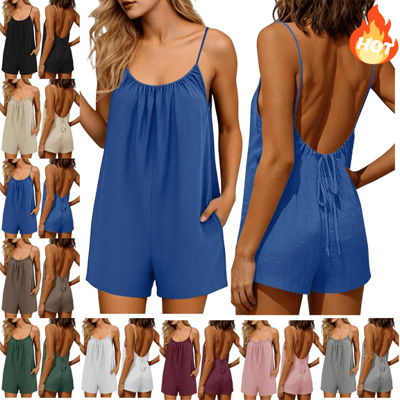 Mifsaly Overall Shorts for Women Spaghetti Straps Cotton Linen Rompers Open Back Casual Summer Vacation Beach Short Jumpsuits with Pockets XL