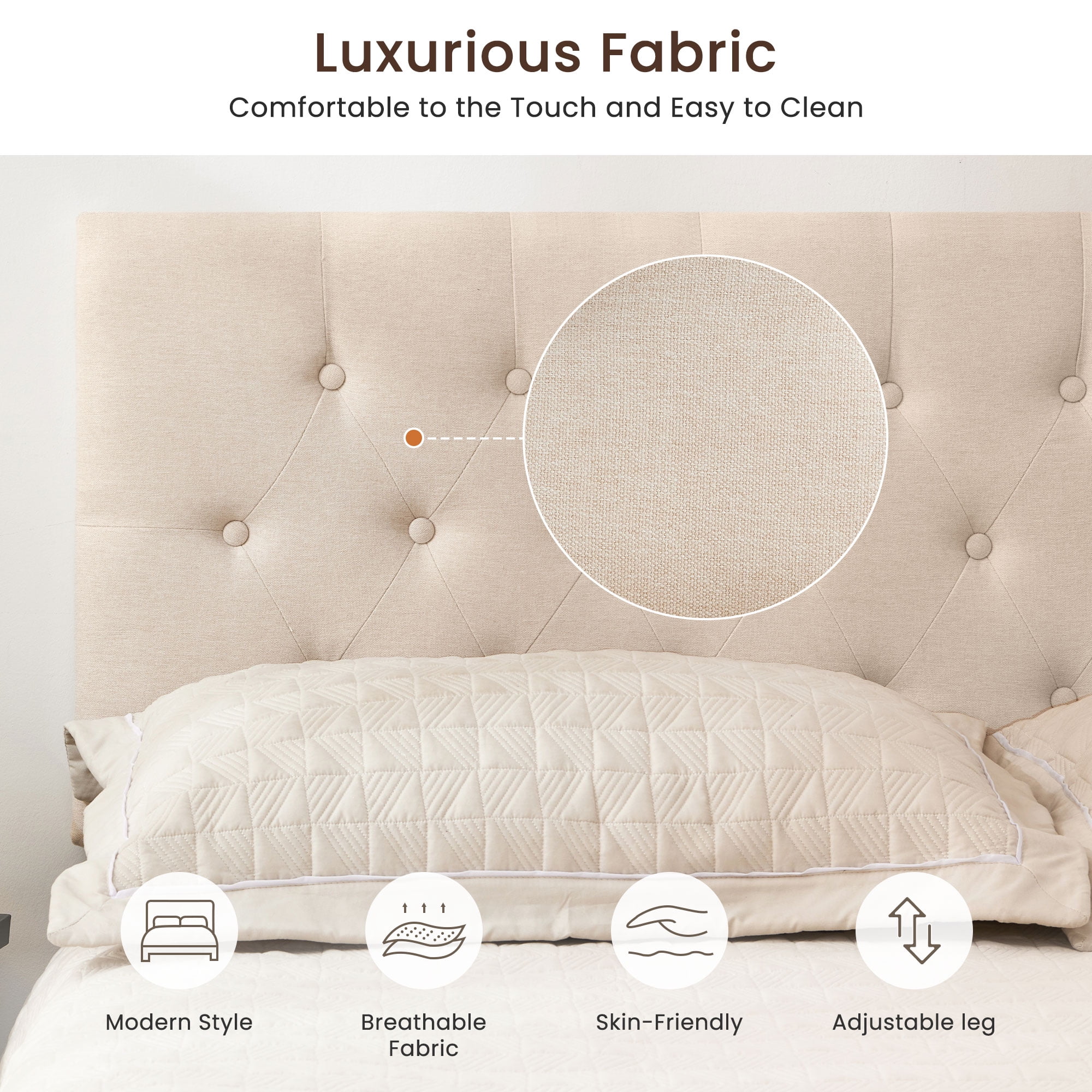 JONPONY Tufted Upholstered Headboard Queen Size, Solid Wood Head Board with  Adjustable Height  Headboard from 37" to 51",Bed Frame Adapters,Beige,Headboard Only