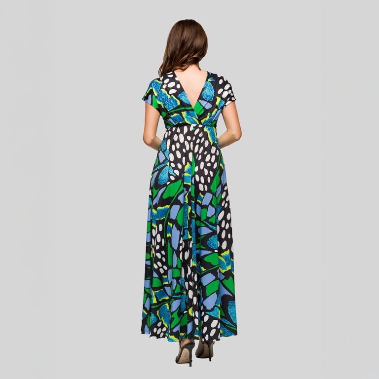 Women's 24Seven Comfort Apparel V-Neck Empire Waist Cap Sleeve Maxi Dress  Color: Green Multi Size: LARGE