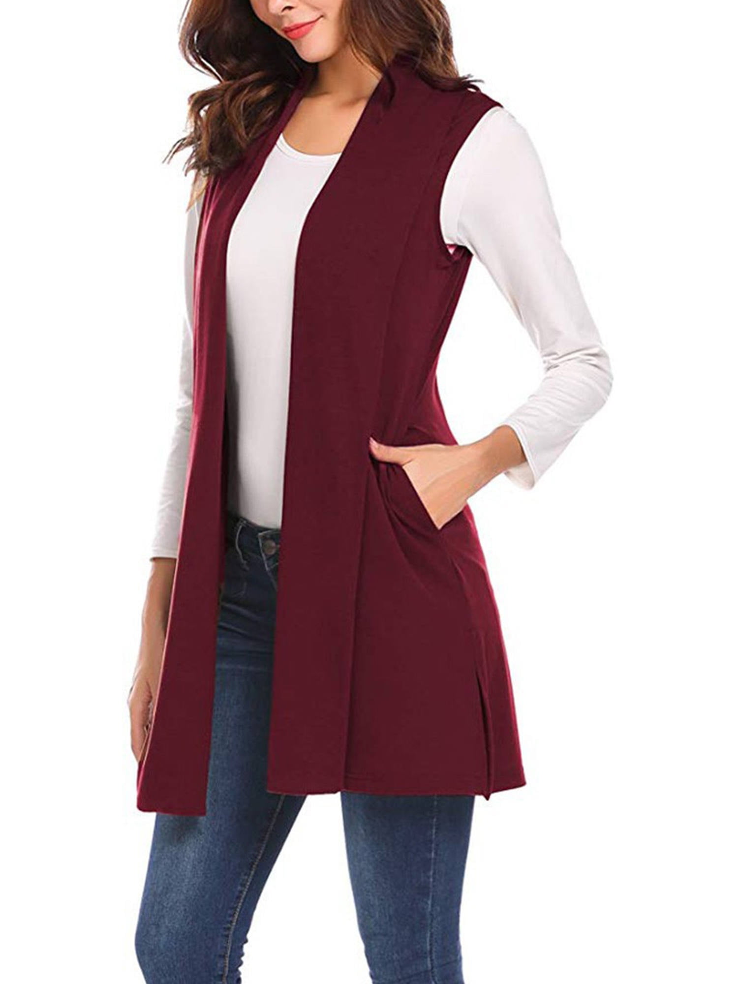 Geyoo Womens Long Vests Sleeveless Open Front Cardigan Layering Vest with  Side Pockets