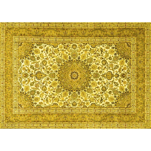 Ahgly Company Machine Washable Indoor Rectangle Medallion Yellow Traditional Area Rugs, 5' x 7'