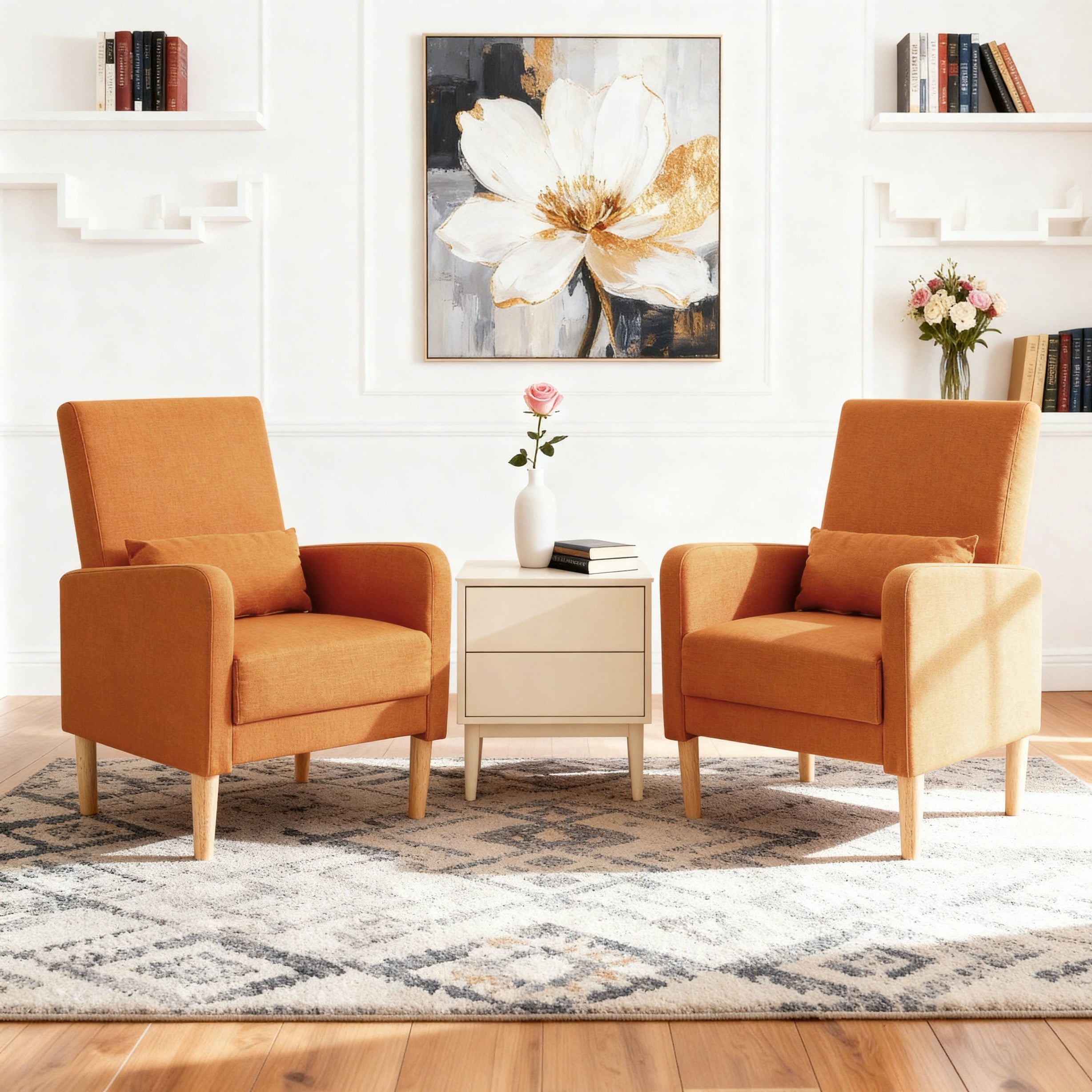 BSHTI 26.5" Accent Chair with Solid Wood Frame, High-Density Foam Seat, 5 Colors, Easy Assembly, Includes Pillow, Linen Orange