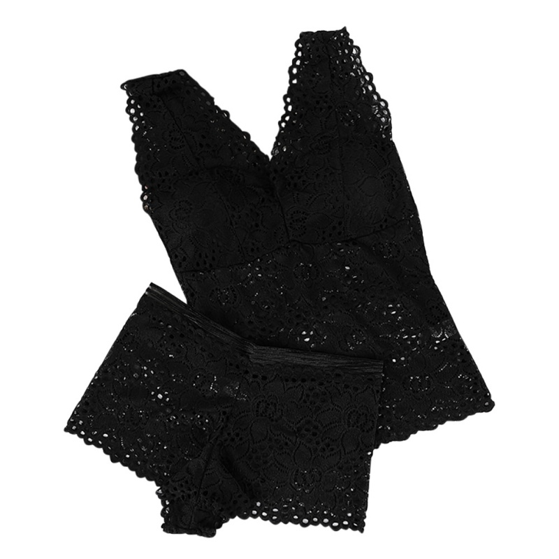 Fashion Sexy 2 Piece Woman Lace Sexy Underwear Women Black Bras and Panties Set Wire Free Push