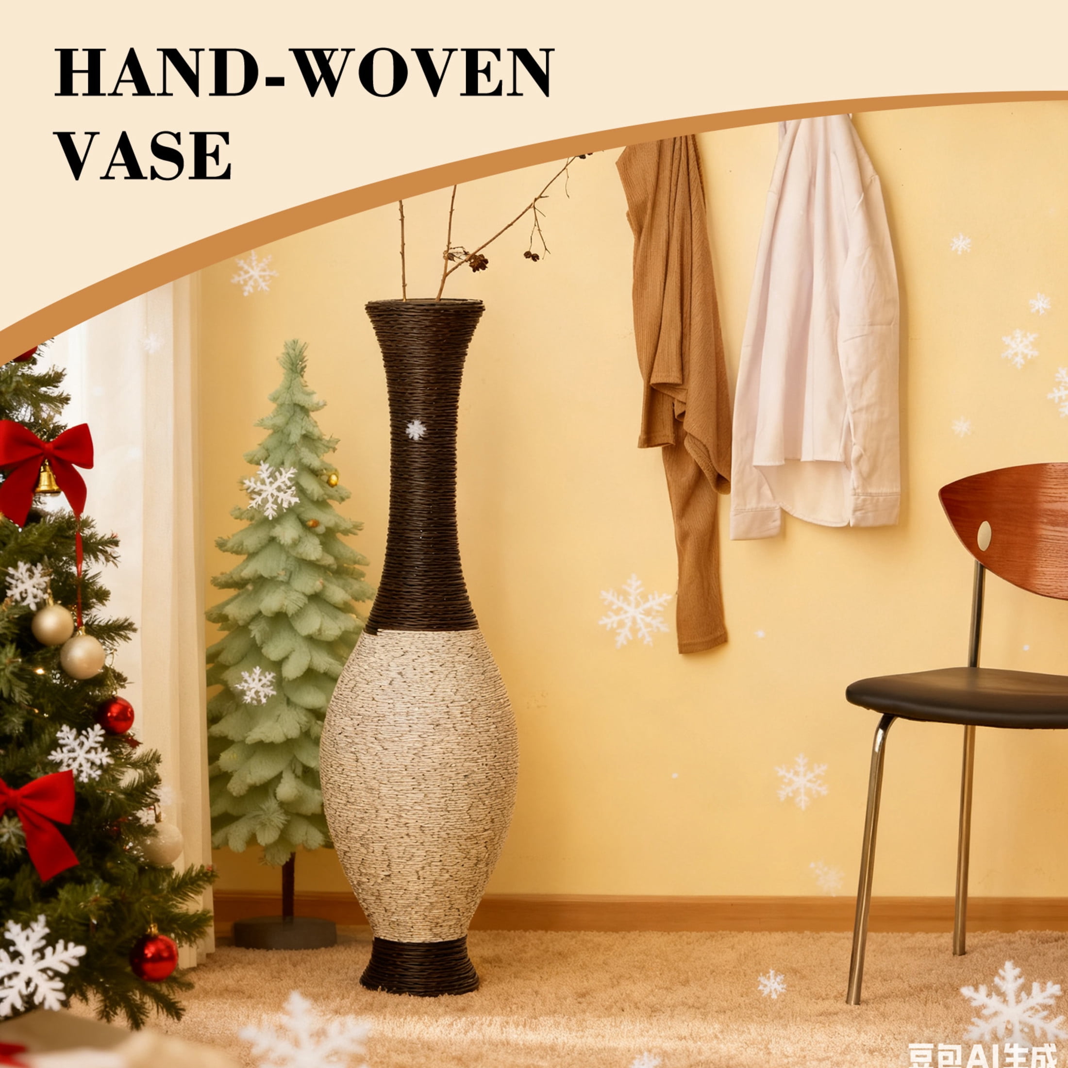 Noble House 39.37" Tall PVC Floor Vase, Hand-Woven Rattan-Look Textured Vase, White+Black