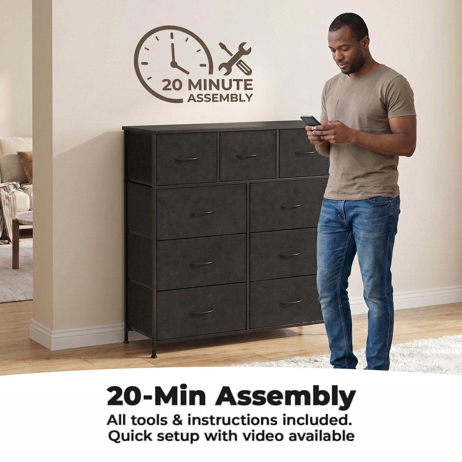 Alvantor Tall Dresser Fabric Storage Tower ,Wooden Top for Kid Room, Closet, Entryway, Nursery
