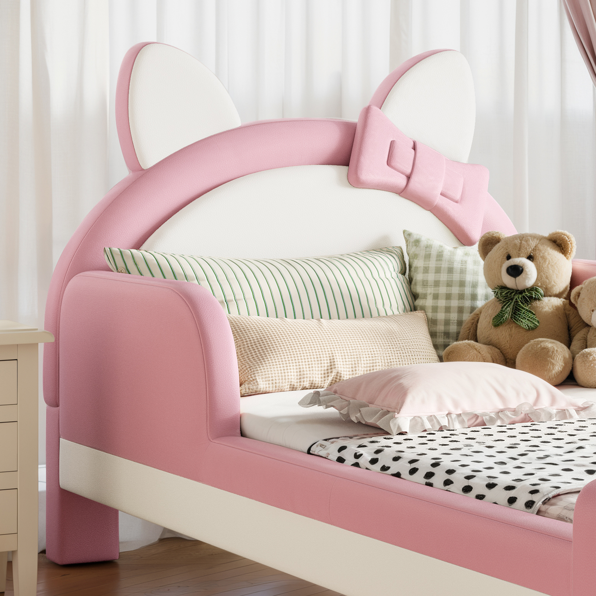 HOQBN Twin Size Cute Cat Shaped Upholstered Kids Platform Bed, Princess Style Low Profile Children Bed Frame for Bedroom White & Pink