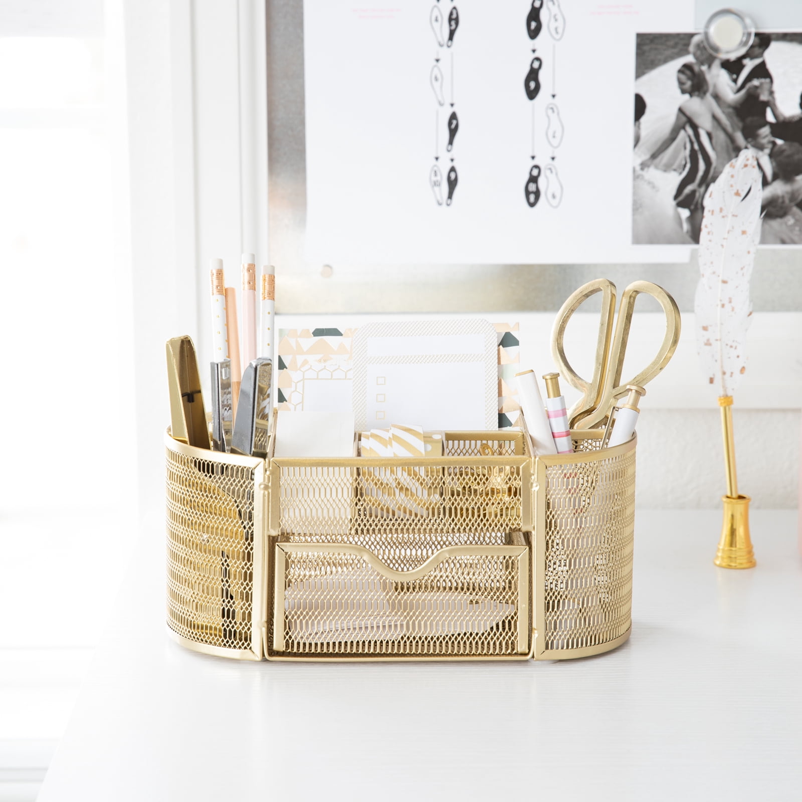 Blu Monaco Gold Desk Organizer with Drawer - for Home or Office