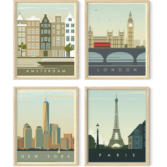 Travel Posters Set of 4 Travel Wall Art Posters of London, New York Print, Paris Wall Poster and Amsterdam City Wall Decor | 8" x 10", Unframed