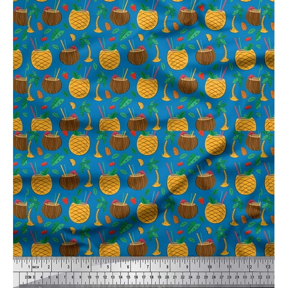 Soimoi Blue Cotton Voile Fabric Coconut Tree & Leaf Tropical Print Fabric by the Yard 56 Inch Wide