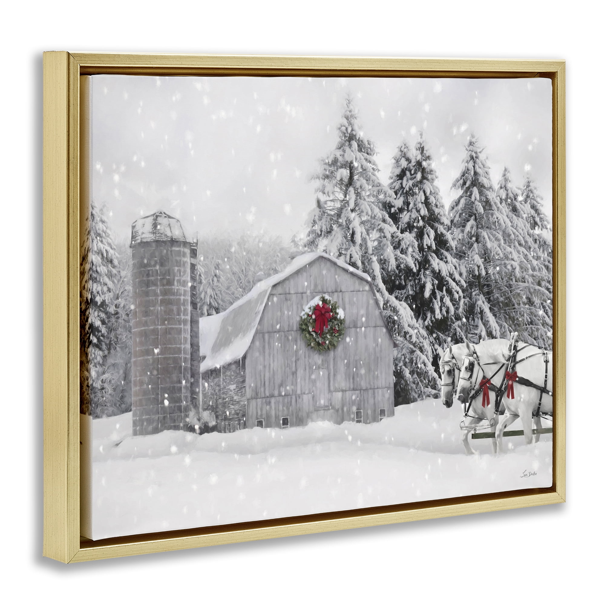 Stupell Industries Snowy Barn & Horses Holiday Painting Gold Floater Framed Canvas Art Prints Wall Art, 21 x 17