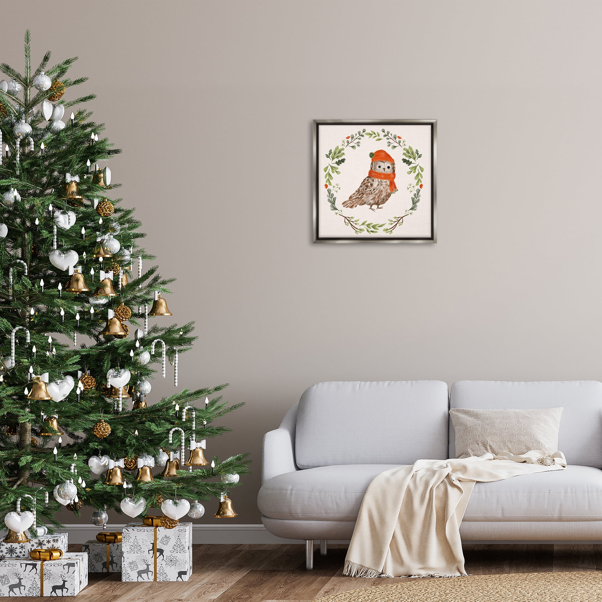 Stupell Industries Holiday Owl Wreaf Holiday Painting Gray Floater Framed Canvas Art Prints Wall Art, 25 x 25